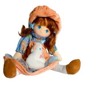 Vtg AmToy Soft Rag Doll 14" Floral Peach Dress Plush White Bunny Toy '83 Collect